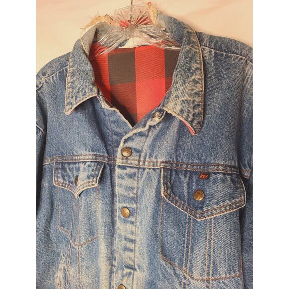 Vtg Key Imperial Buffalo Plaid Flannel Lined Denim Jacket Distress Large Grunge - Picture 3 of 12